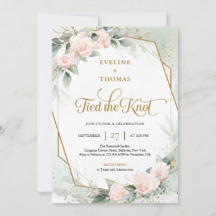 Blush pink roses eucalyptus gold tied the knot invitation