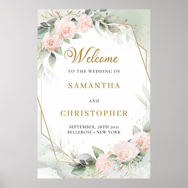 Blush pink roses eucalyptus gold wedding welcome poster (Front)