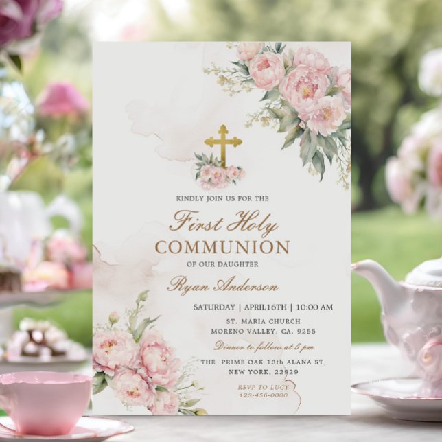  Blush pink Roses First Holy Communion  Invitation (Creator Uploaded)