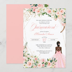 Blush Pink Roses Floral Afrolatina Quinceanera Invitation