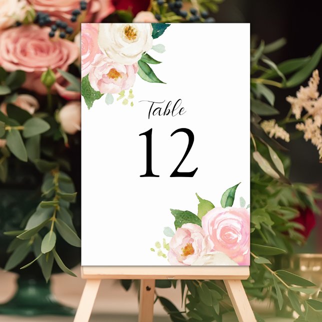 Blush Pink Roses Floral Botanical Watercolor Table Number (Creator Uploaded)