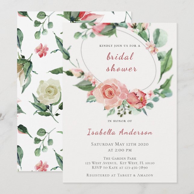 Blush Pink Roses Floral Bridal Shower Invitation (Front/Back)