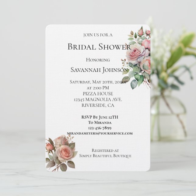 Blush Pink Roses Floral Bridal Shower Invitation (Standing Front)