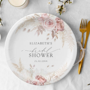 Blush Pink Roses Floral Bridal Shower Paper Plate