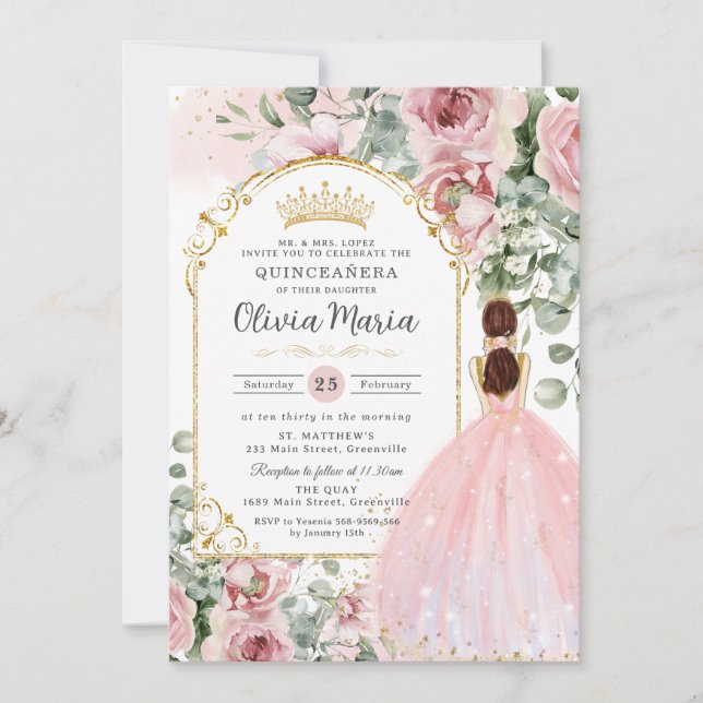 Blush Pink Roses Floral Dress Quinceañera Sweet 16 Invitation (Front)