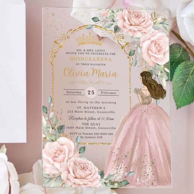 Blush Pink Roses Floral Gold Quinceañera Sweet 16  Acrylic Invitations (Creator Uploaded)