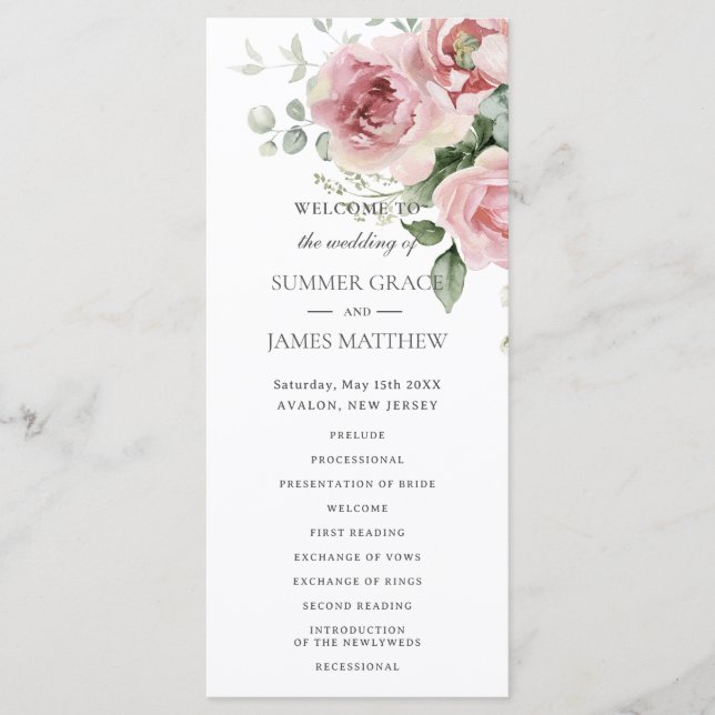 Blush Pink Roses Floral Greenery Wedding Programme (Front)