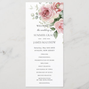 Blush Pink Roses Floral Greenery Wedding Programme