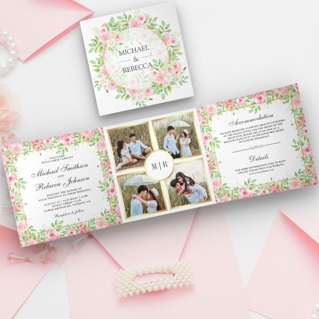 Blush Pink Roses Floral Photo Collage Wedding Tri-Fold Invitation (Creator Uploaded)