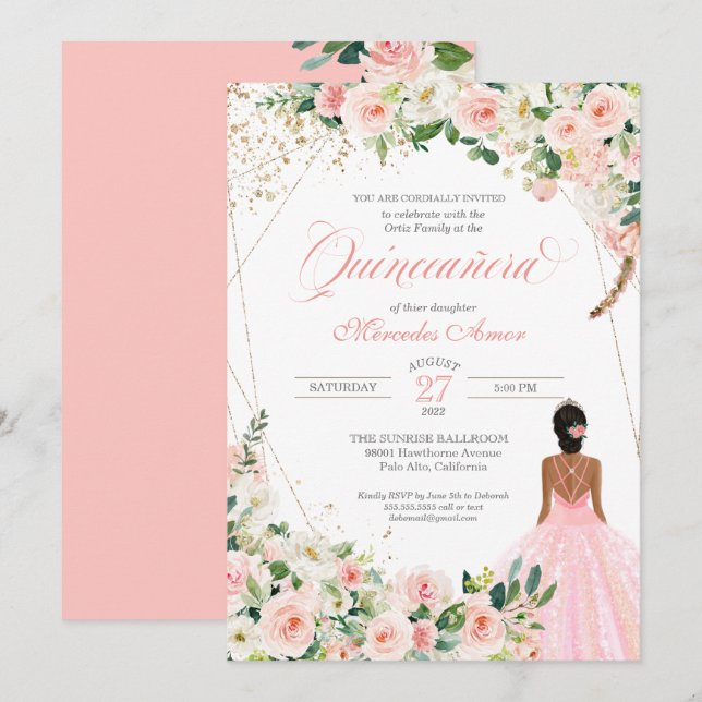 Blush Pink Roses Floral Quinceanera Celebration Invitation (Front/Back)