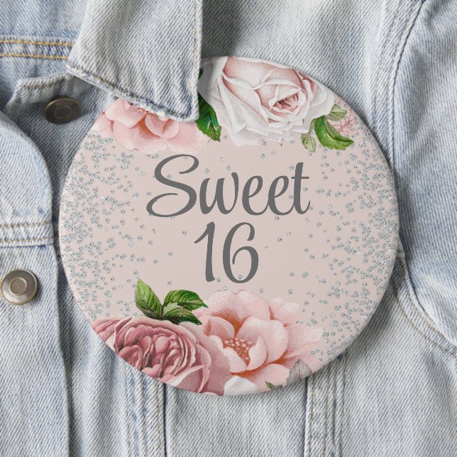 Blush Pink Roses Floral Silver Glitter Sweet 16   6 Cm Round Badge (In Situ)
