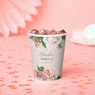 Blush Pink Roses Floral Silver Glitter Sweet 16 Paper Cups