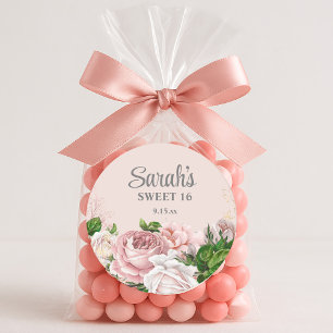 Blush Pink Roses Floral Silver Glitter Sweet 16  Round Paper Coaster