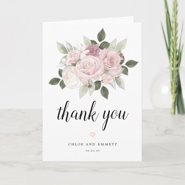 Blush Pink Roses Floral Wedding Thank You Card (Front)