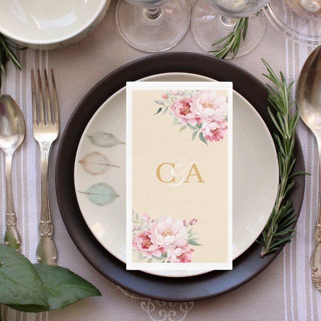 Blush pink roses florals beige monogram wedding napkin (Creator Uploaded)