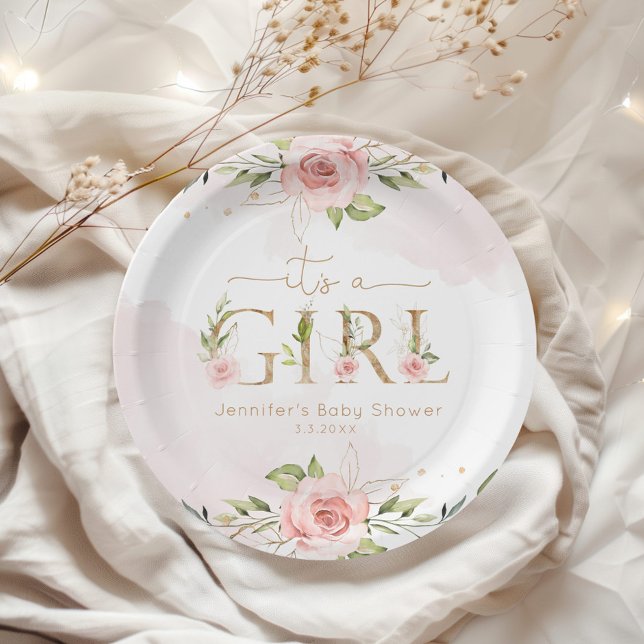 Blush pink roses girl baby shower paper plate (Creator Uploaded)