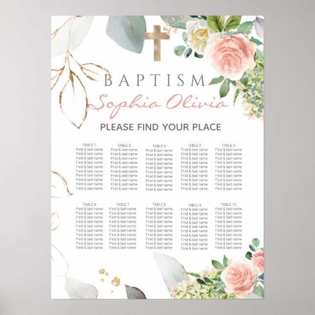 Blush Pink Roses Girl Baptism Seating Chart (Front)