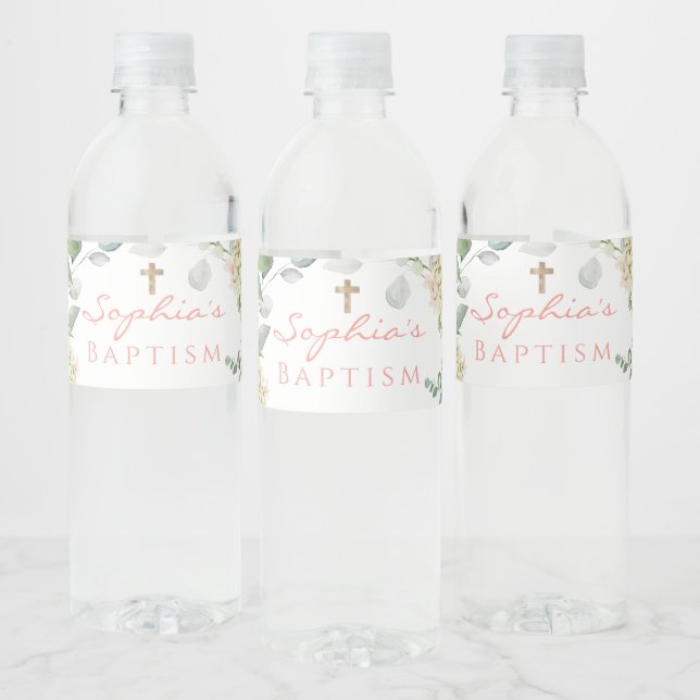 Blush Pink Roses Girl Baptism Water Bottle Label (Bottles)