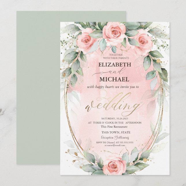 Blush Pink Roses Gold Frame Wedding Invitation (Front/Back)