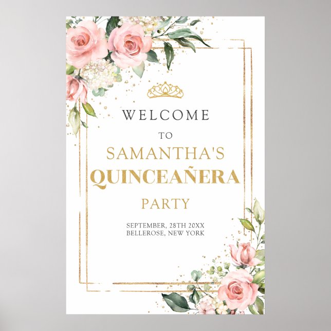 Blush pink roses gold glitter 15 birthday welcome poster (Front)