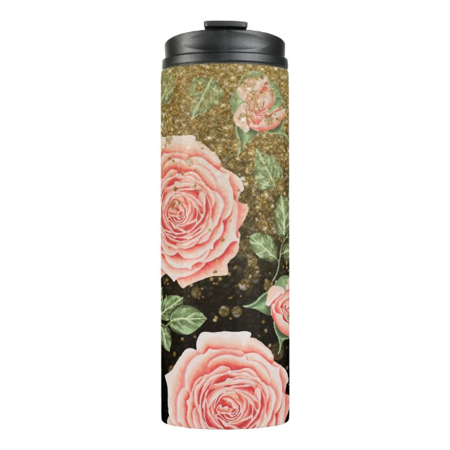*~* Blush Pink ROSES Gold Glitter Floral Thermal Tumbler (Front)