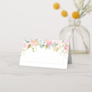 Blush Pink Roses Gold Green Leaves Folded Place Place Card
