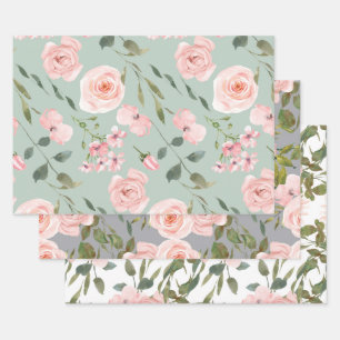 Blush Pink Roses Gold Leaves Greenery Wrapping Paper Sheet