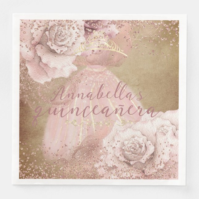Blush Pink Roses Gold Quinceañera on Parchment Napkin (Front)