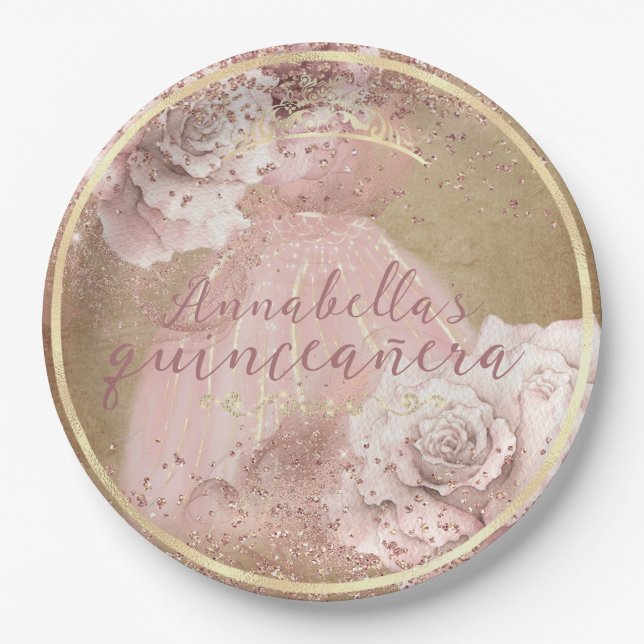 Blush Pink Roses Gold Quinceañera on Parchment Paper Plate (Front)