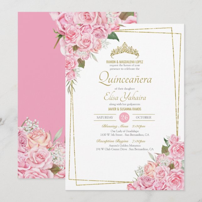Blush Pink Roses Gold Tiara Floral Quinceanera Invitation (Front/Back)