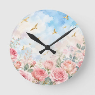 Blush Pink Roses & Golden Birds Watercolor Floral Round Clock