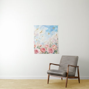 Blush Pink Roses & Golden Birds Watercolor Floral Tapestry