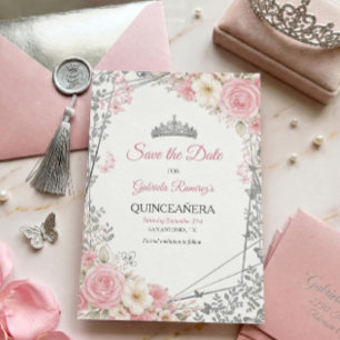 Blush Pink Roses Golden Quinceañera Save the Date