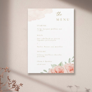 Blush Pink Roses Green Leaves Elegant Wedding Menu Invitation