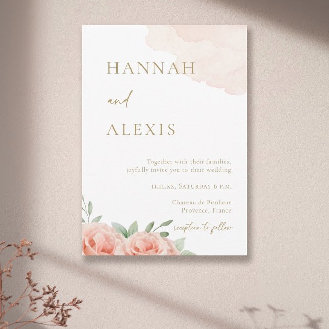 Blush Pink Roses Green Leaves Watercolor Wedding  Invitation (Creator Uploaded)