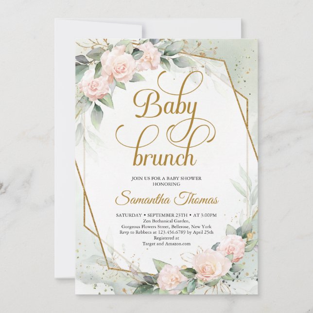Blush pink roses greenery and gold baby brunch invitation (Front)