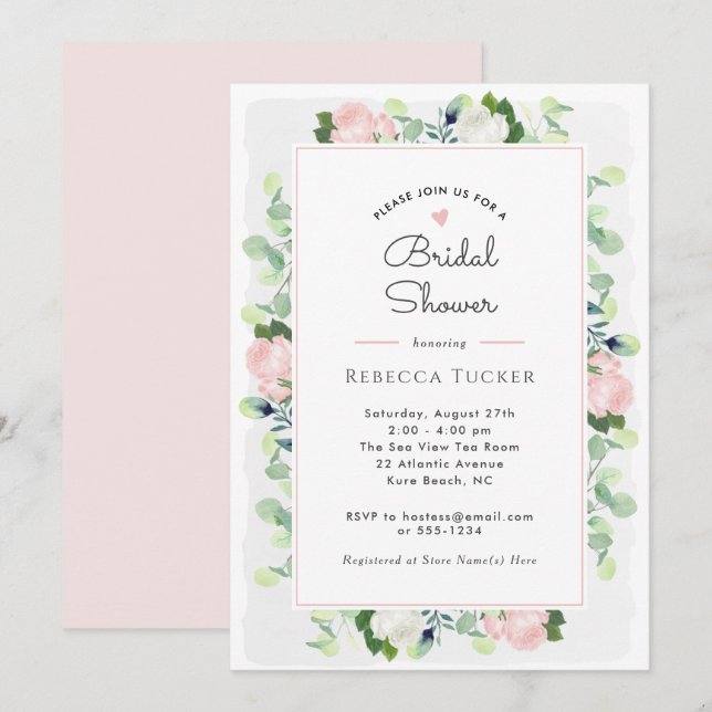 Blush Pink Roses Greenery Boho Bridal Shower Invitation (Front/Back)