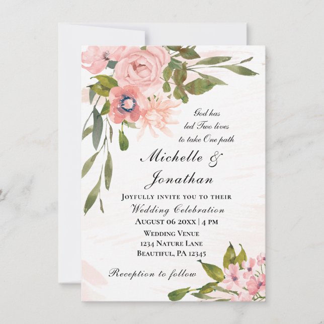 Blush Pink Roses Greenery Christian Wedding Invitation (Front)
