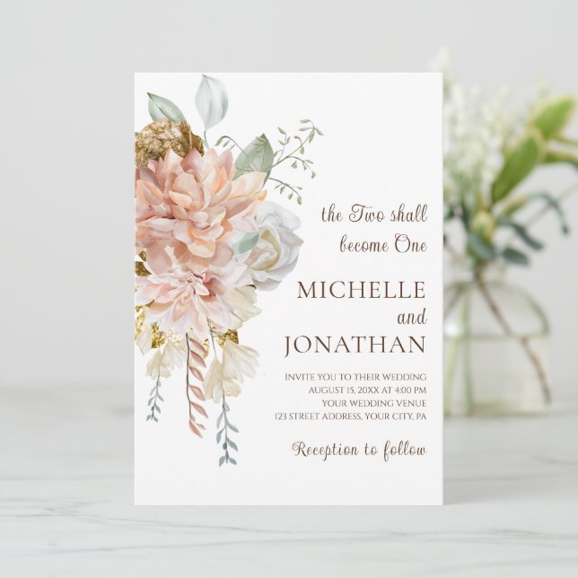 Blush Pink Roses Greenery Floral Christian Wedding Invitation (Standing Front)