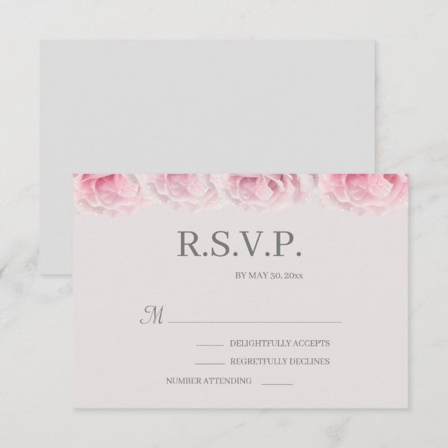 Blush Pink Roses Grey Elegant Floral Wedding RSVP Invitation (Front/Back)