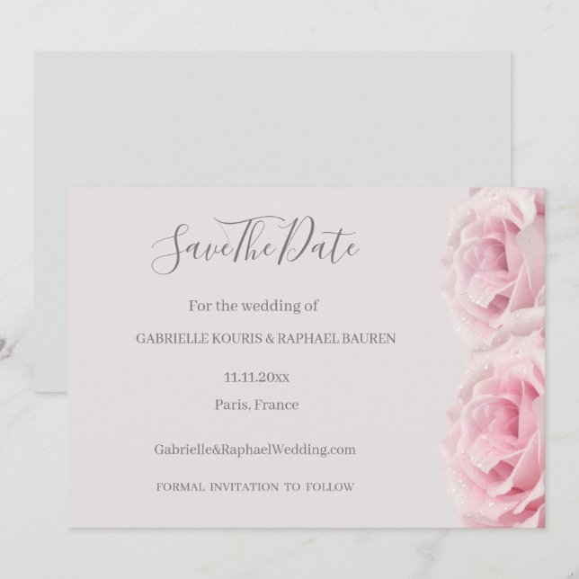 Blush Pink Roses Grey Floral Save The Date Wedding Invitation (Front/Back)