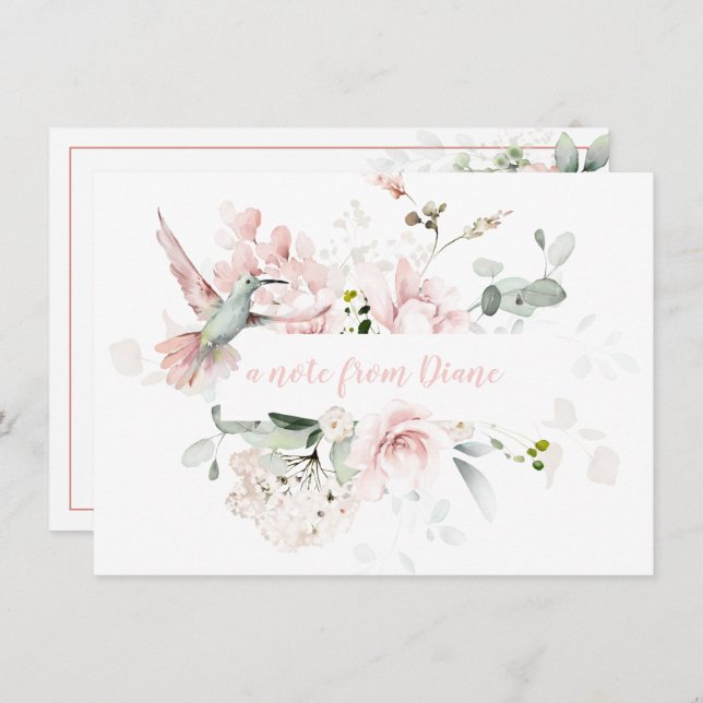 Blush Pink Roses, Hummingbird, Sage Green Greenery Card (Front/Back)