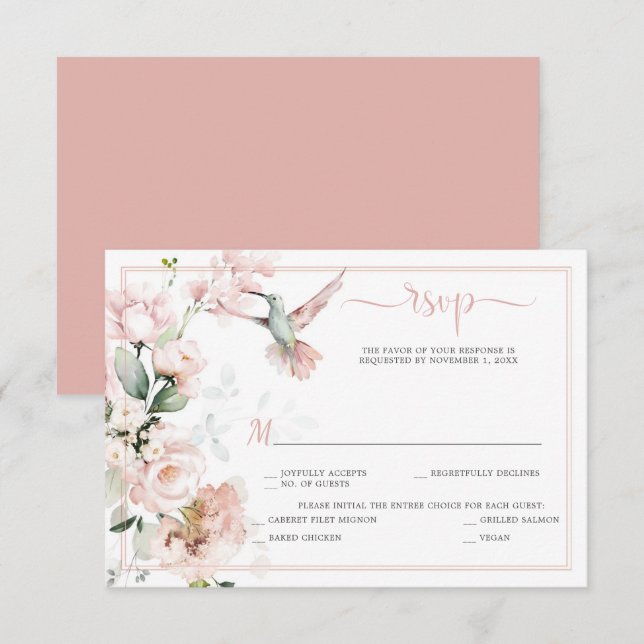 Blush Pink Roses, Hummingbird, Sage Green Greenery RSVP Card (Front/Back)