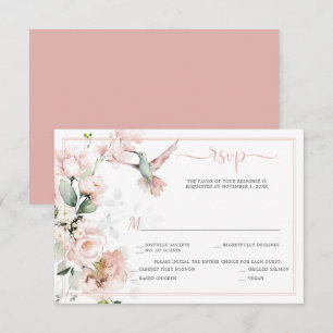 Blush Pink Roses, Hummingbird, Sage Green Greenery RSVP Card
