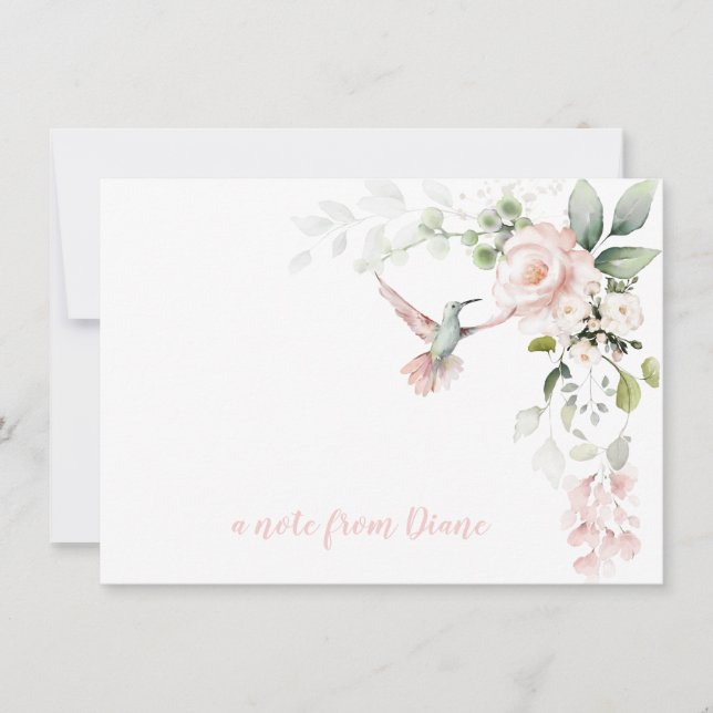 Blush Pink Roses Hummingbirds Greenery Card (Front)