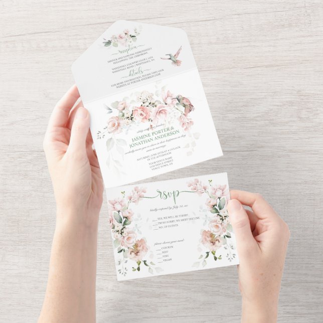 Blush Pink Roses Hummingbirds Sage Green Wedding All In One Invitation (Tearaway)