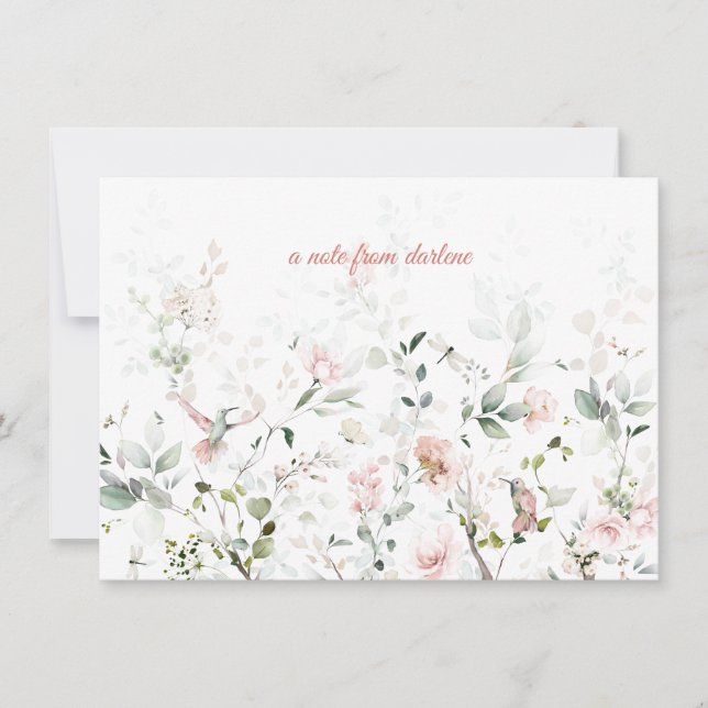 Blush Pink Roses, Hummingbirds, Sage Greenery Card (Front)
