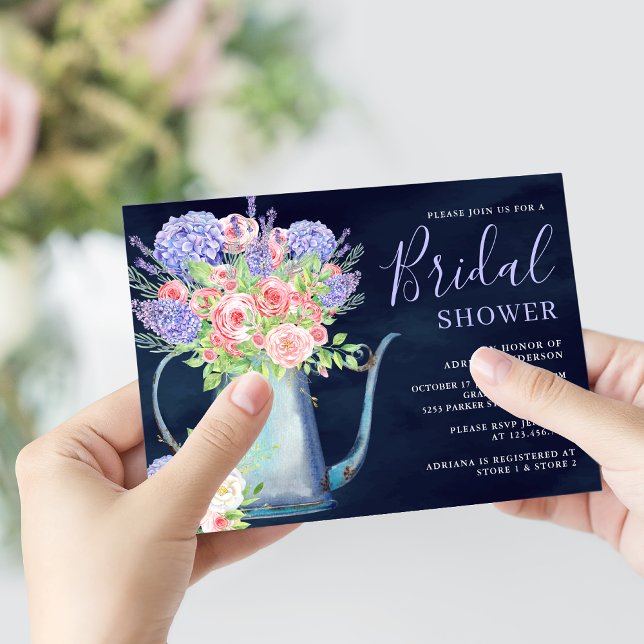 Blush Pink Roses Hydrangea Navy Blue Bridal Shower Invitation (Creator Uploaded)