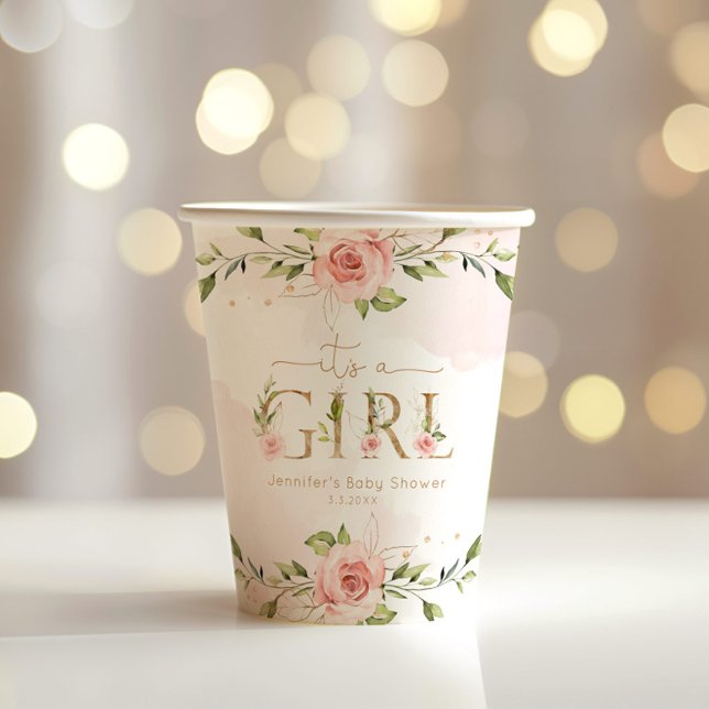 Blush pink roses its a girl baby shower paper cups (Creator Uploaded)