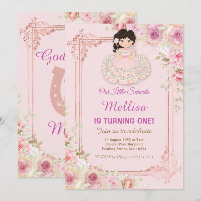 Blush Pink Roses Mexican Girl Fiesta Birthday   Invitation (Front/Back)